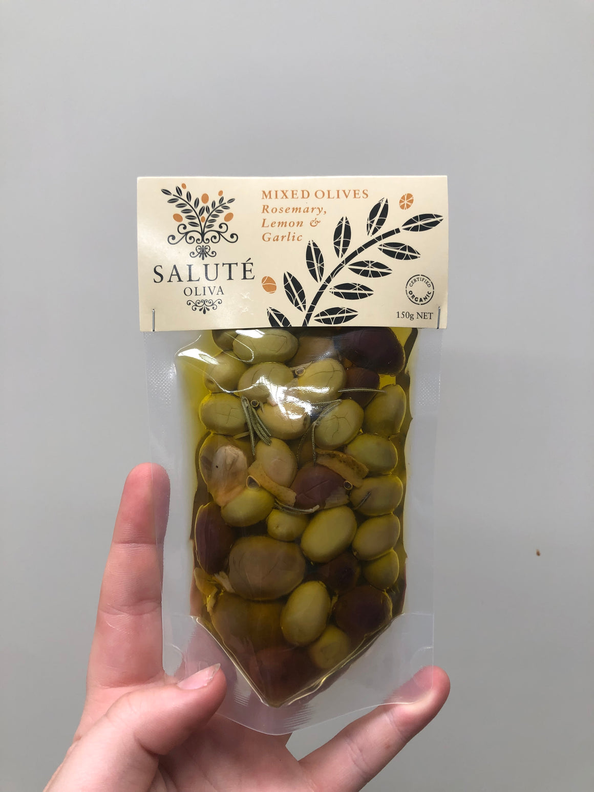 Salute 150g Mixed Olives with Rosemary Lemon and Garlic in vacuum pouches